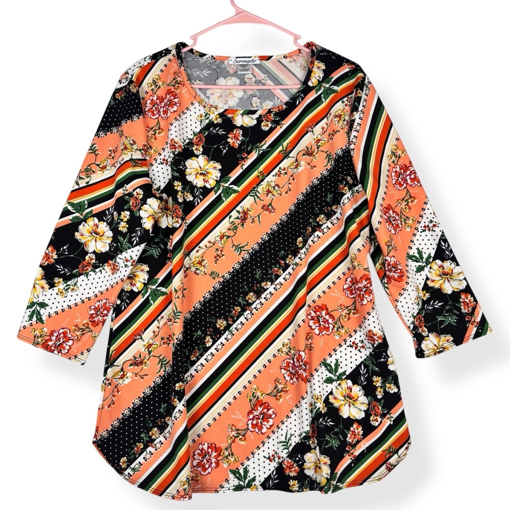 Serengeti Tunic Top Blouse Womens L Large Orange Floral Striped 3/4 Sleeves